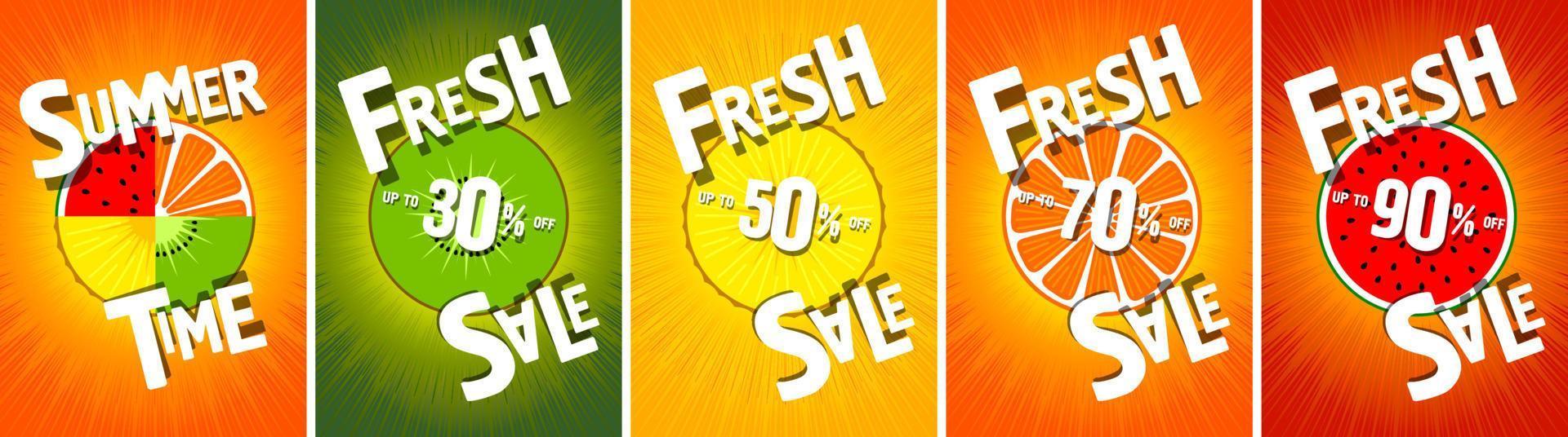 fresh sale. posters and backgrounds for shops. summertime. fruit background. kiwi, watermelon, orange, pineapple vector