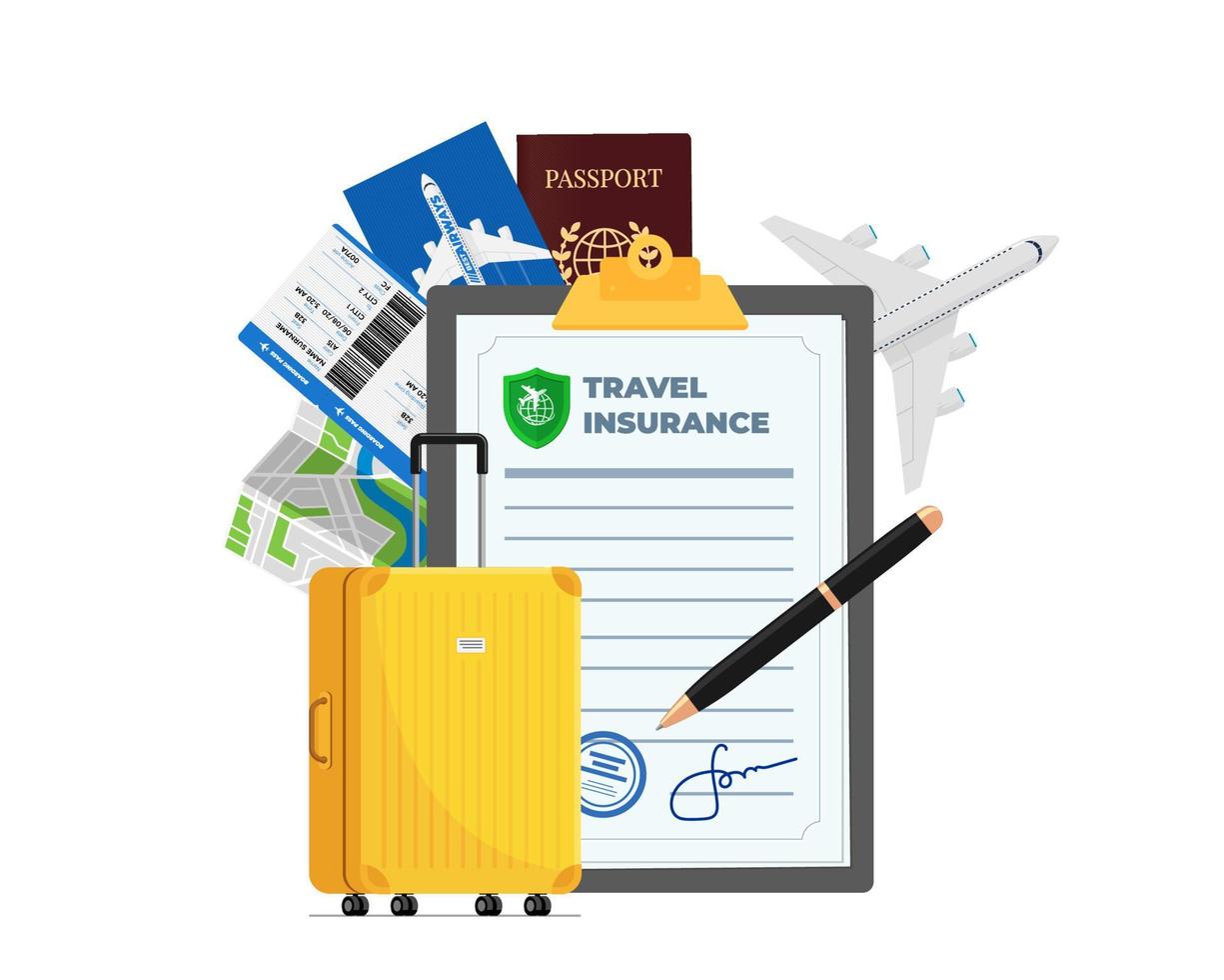 Travel insurance policy with passport, flight ticket, plane and yellow traveling suitcase. Safe plane trip and signed contract protection tourist life and property. Ready for safety aircraft journey vector