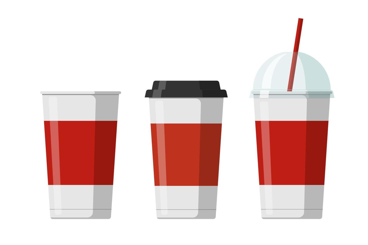 Disposable paper beverage cup templates set for coffee, soda or cocktail with black and transparent hemisphere lid. Blank white and red large cardboard soft drinks packaging collection. Vector eps