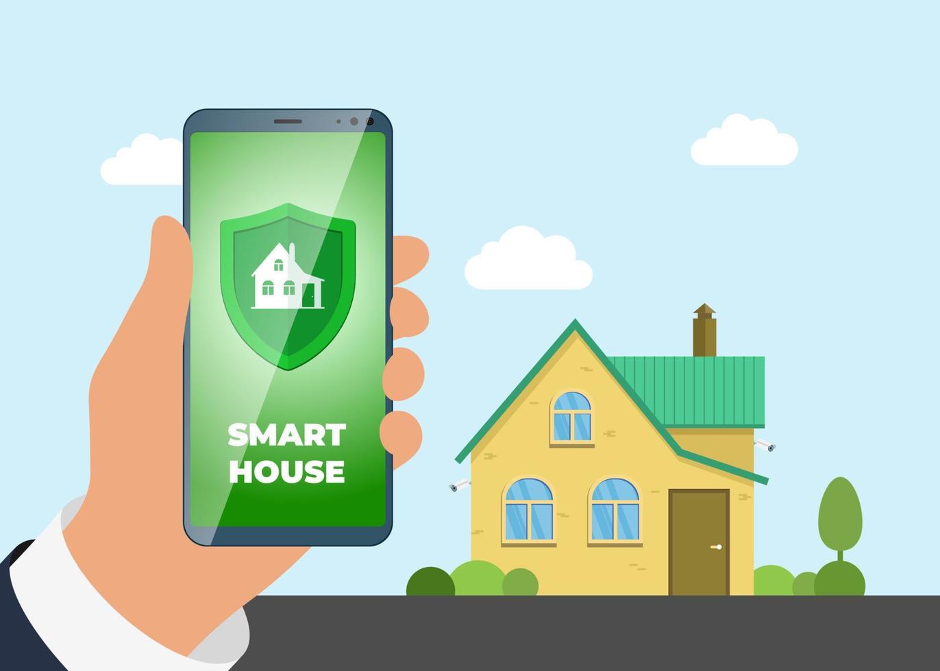 Smart house mobile app. Home security auto alarm application banner concept. Property protect control system online service. Hand hold smartphone with shield on screen. Residential real estate secure vector