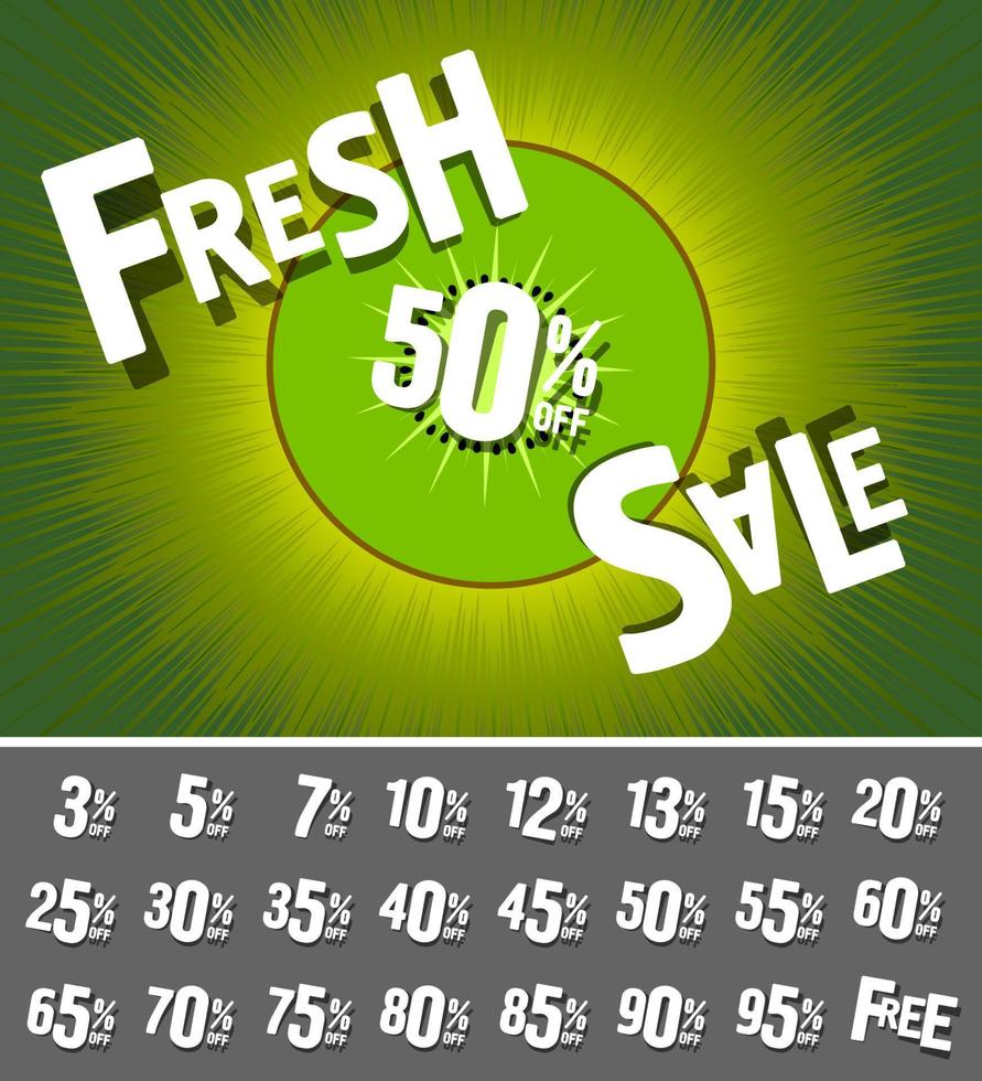 Fresh sale of 50 percent. Summer poster for shops with promotional coupons of different percent. Fruit background kiwi vector