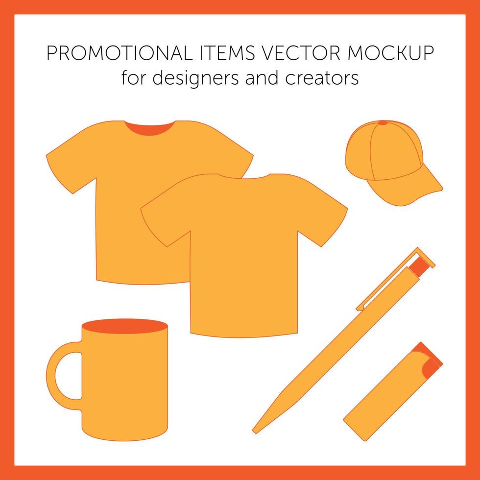 Blank design templates for presentation or logos. Orange vector t-shirt, cap, mug, pen, lighter