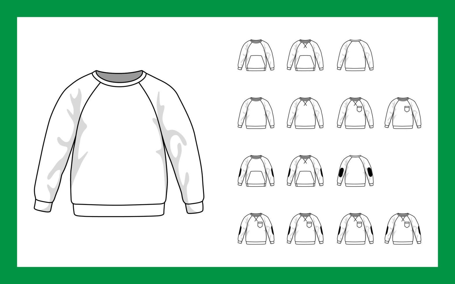 Vector template illustrations children sweatshirt with sleeves raglan cuffs pockets stripe on elbows
