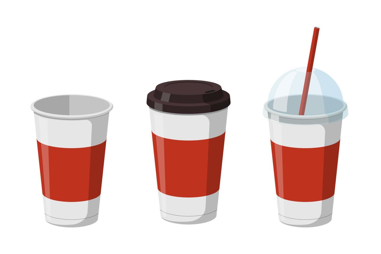 Disposable paper beverage cup templates set for coffee, soda or cocktail with black and transparent hemisphere lid. 3d blank white and red large cardboard soft drinks packaging collection. Vector eps