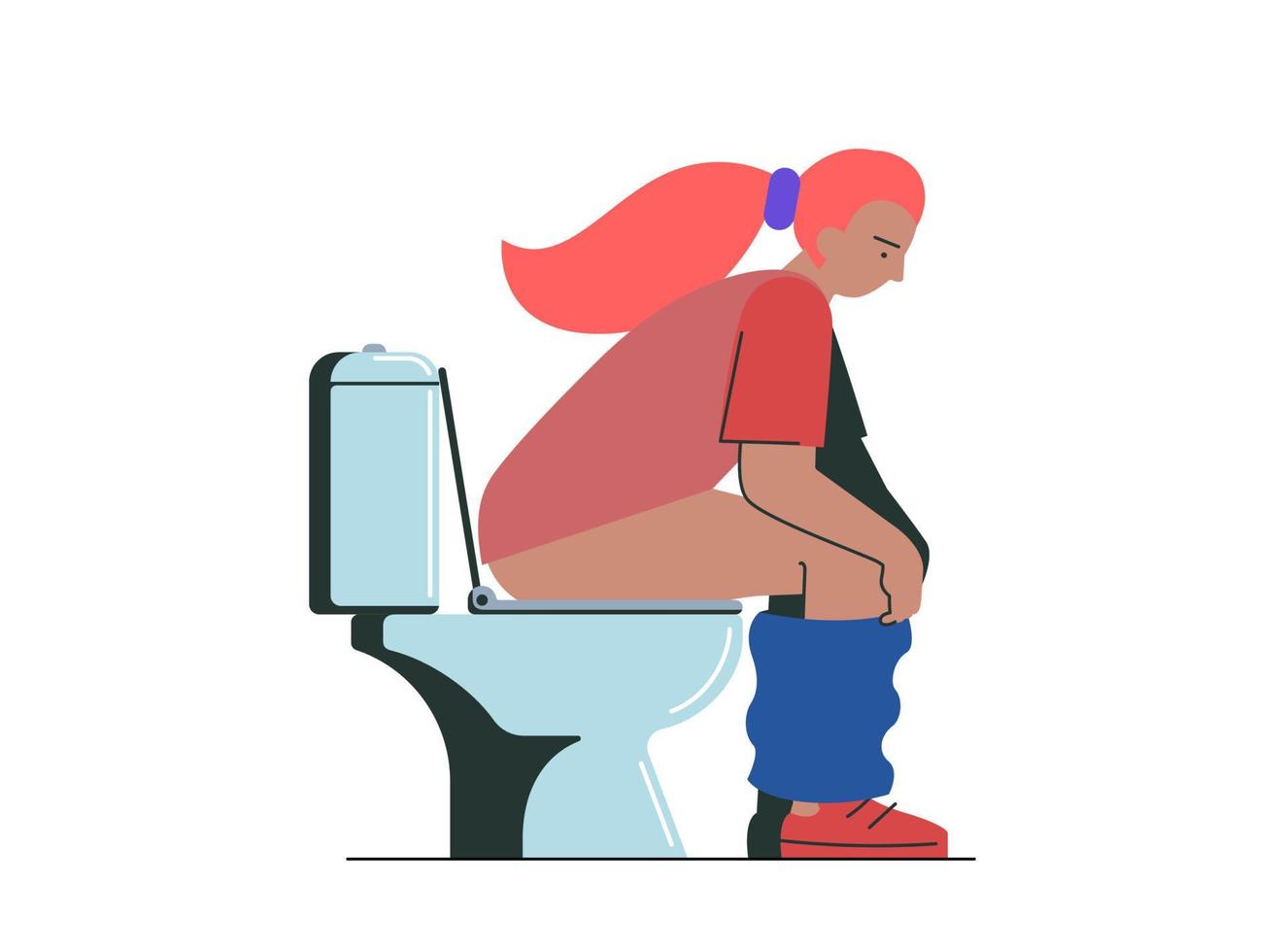 mujer joven pensativa meando o cagando en el baño. niña sentada en la taza del inodoro en el baño. hermosa mujer que pasa tiempo en el baño. ilustración vectorial eps plana vector