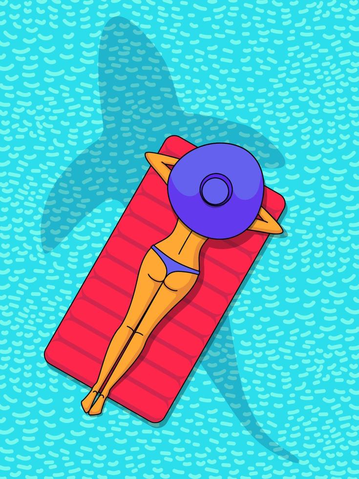slender girl in swimsuit and hat lies on mattress in ocean with silhouette of shark or whale. summer poster. summertime vector