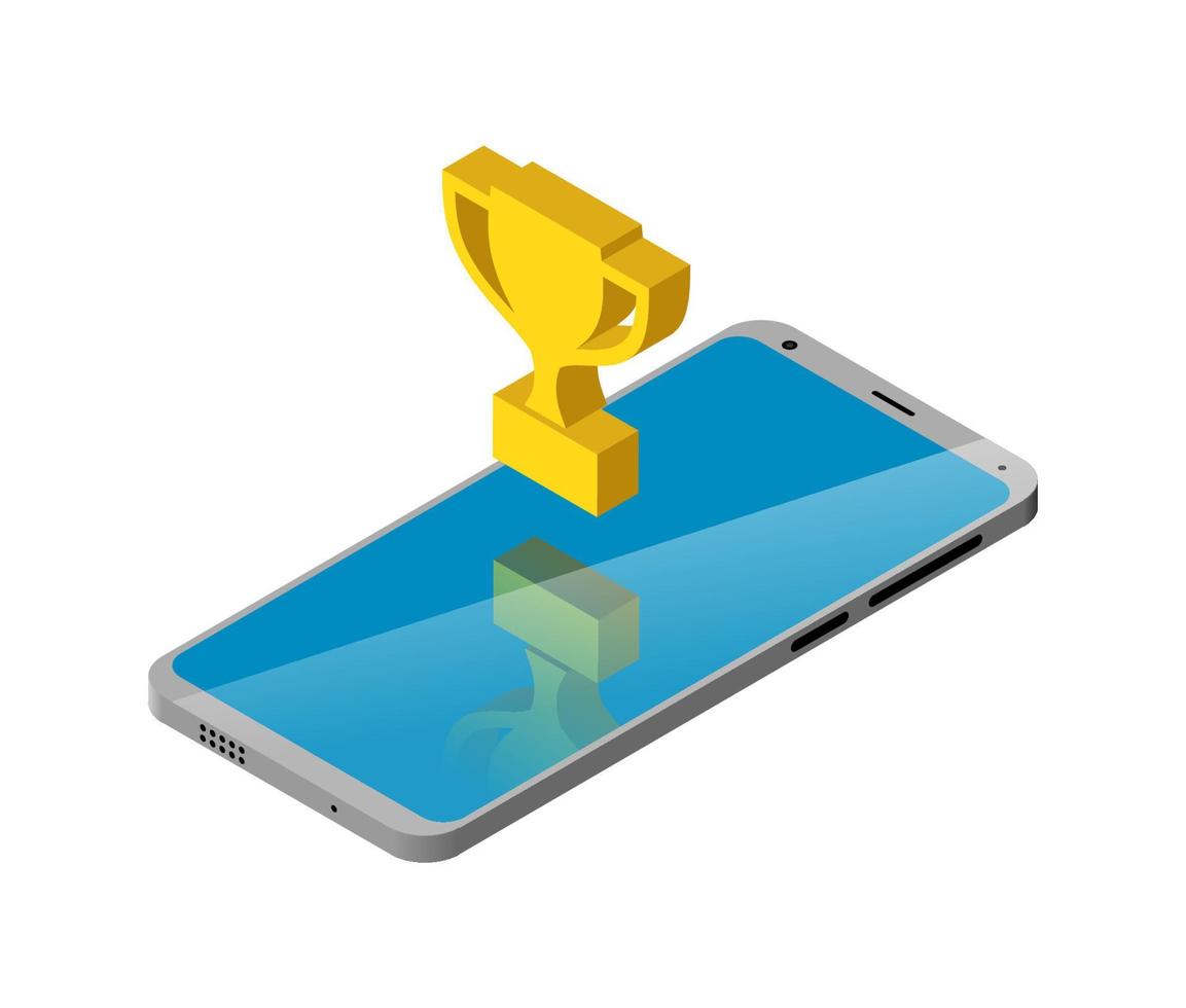 mobile phone is isometric. character gold cup. isolated vector