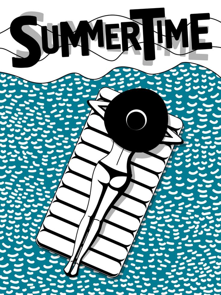 letras de verano. chica en traje de baño y sombrero sobre colchón en el mar. monocromo. cartel de verano vector