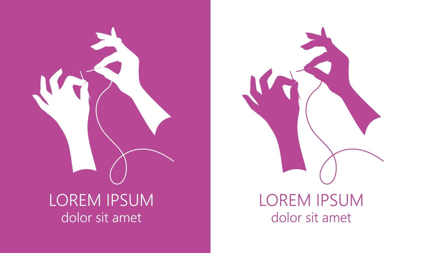 Needle and thread in hands on white and purple background. Vector options