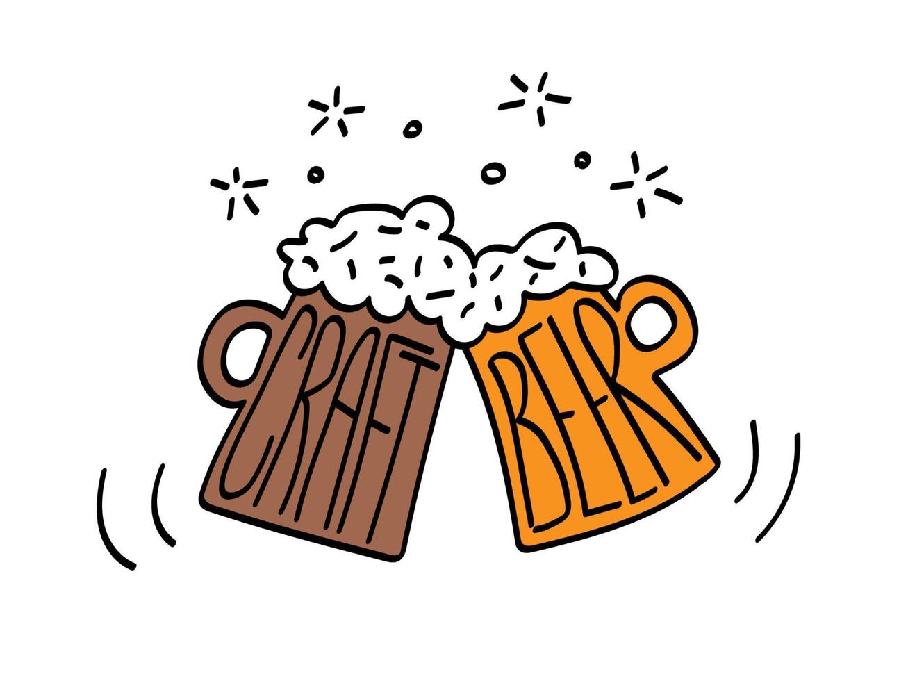 Clinking two mugs with craft beer. Funny vector illustration Line style flat vector illustration. Beer festival concept. Clink glasses