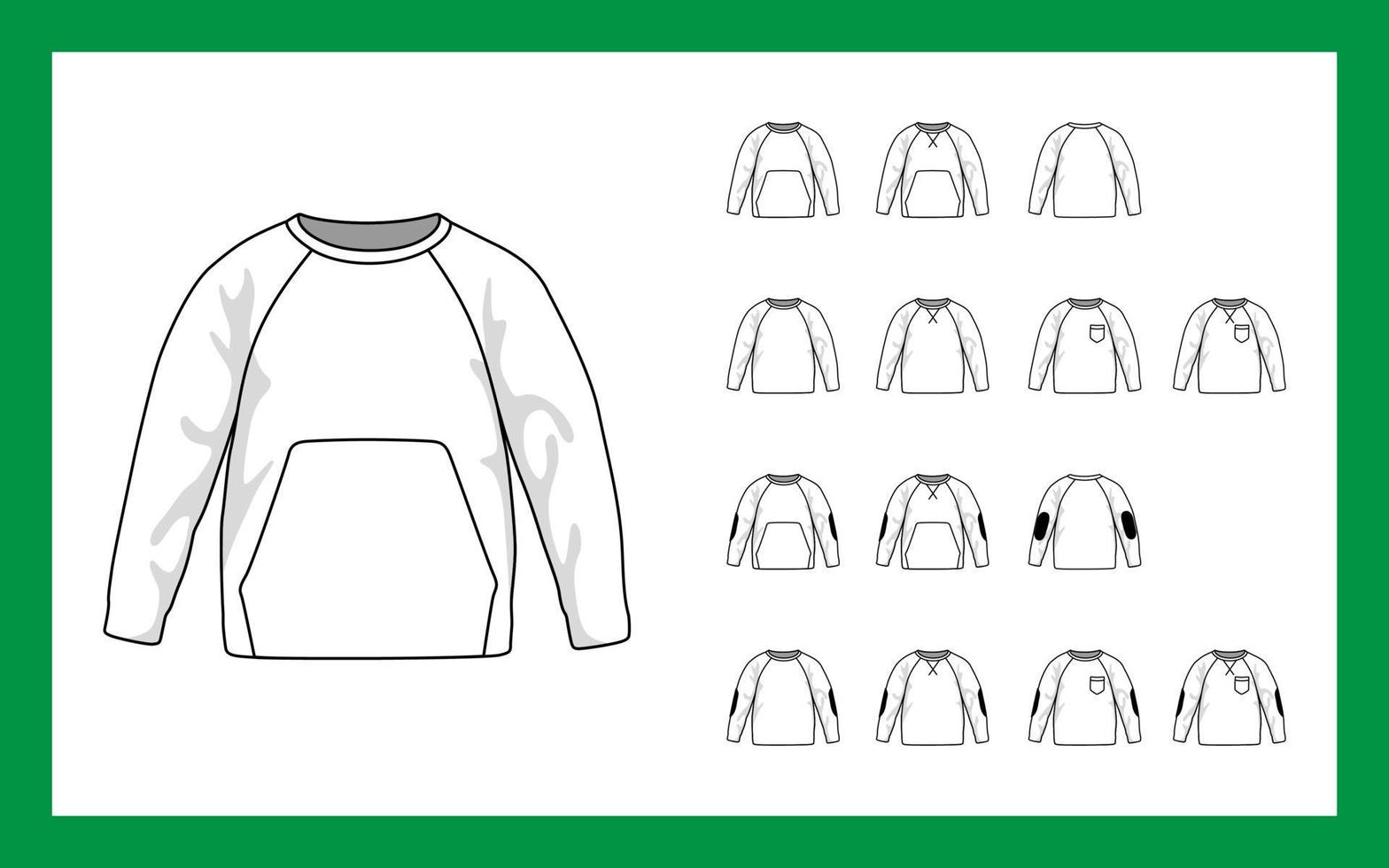 Vector template illustrations children sweatshirt with sleeves raglan cuffs pockets stripe on elbows