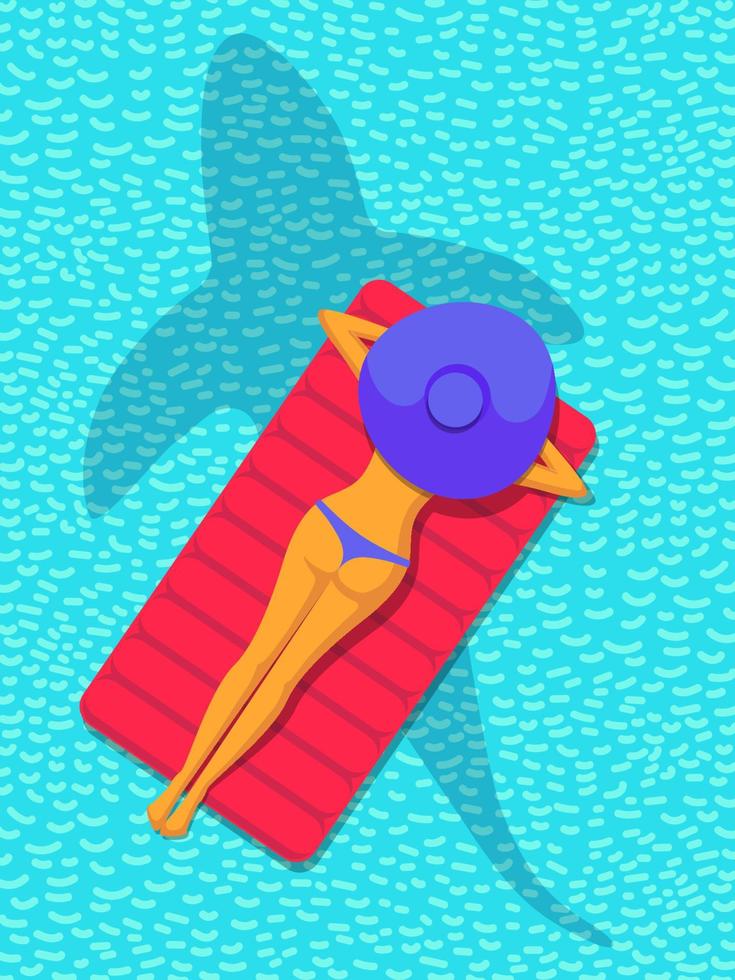 beautiful girl in swimsuit and hat lies on mattress in sea with silhouette of shark or whale. summer poster. summertime vector