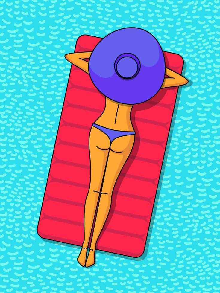 chica delgada en traje de baño y sombrero yace sobre un colchón en el mar. cartel de verano. Hora de verano vector