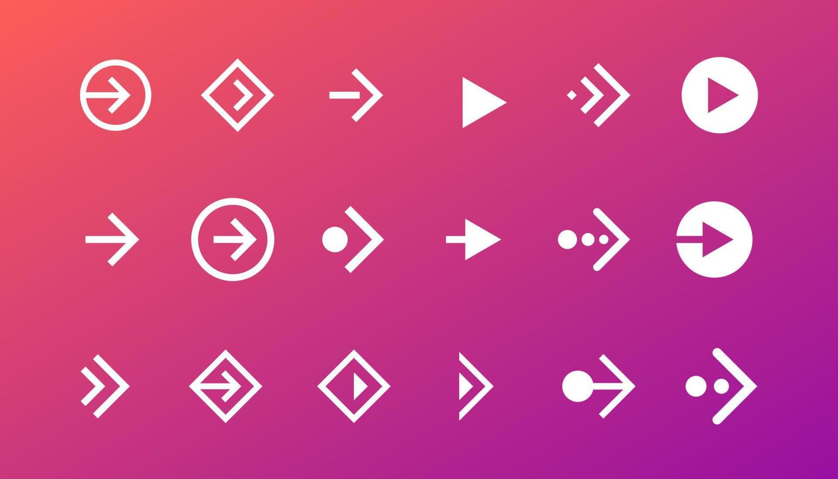 Swipe right button icon set. Application and social network scroll arrow pictogram for web design or app. Next direction white pointer ui interface element collection on gradient background. Vector