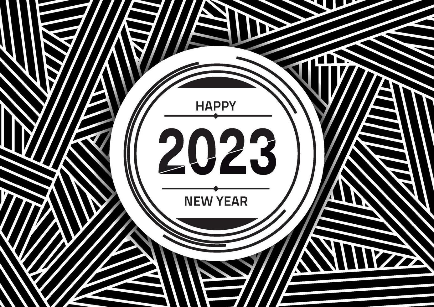 tipografía abstracta de líneas negras 2023. tarjeta de feliz año nuevo. línea de licuado. rayas blancas y negras de línea suave. ilusión óptica. perspectiva, rayas curvas vector