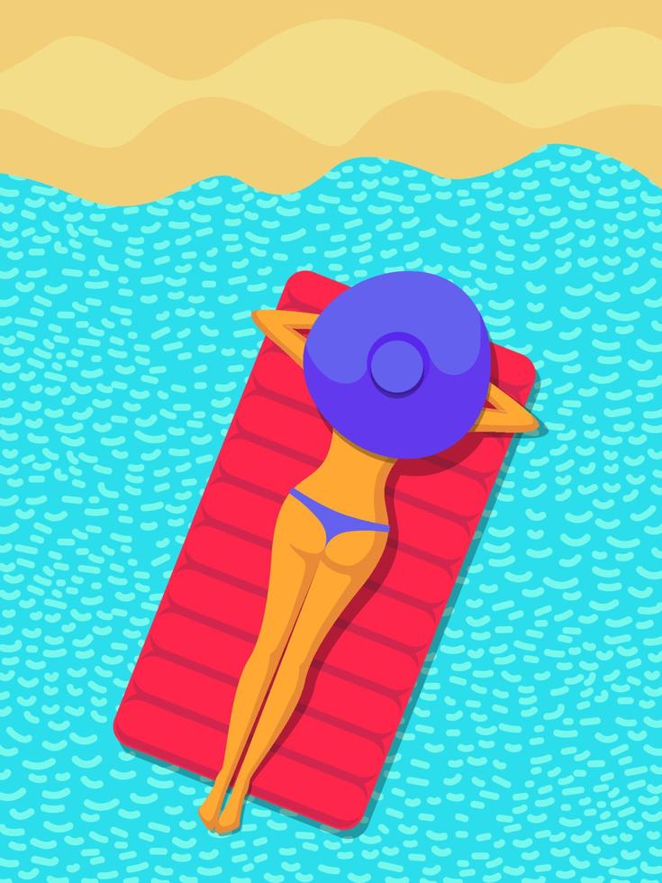 niña en bikini y sombrero se encuentra en el colchón en el mar cerca de la playa. cartel de verano. Hora de verano vector