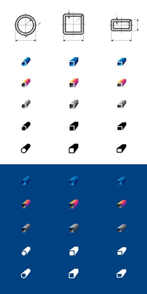 Square rectangular round cross-section of pipe types and different vector pipes icons