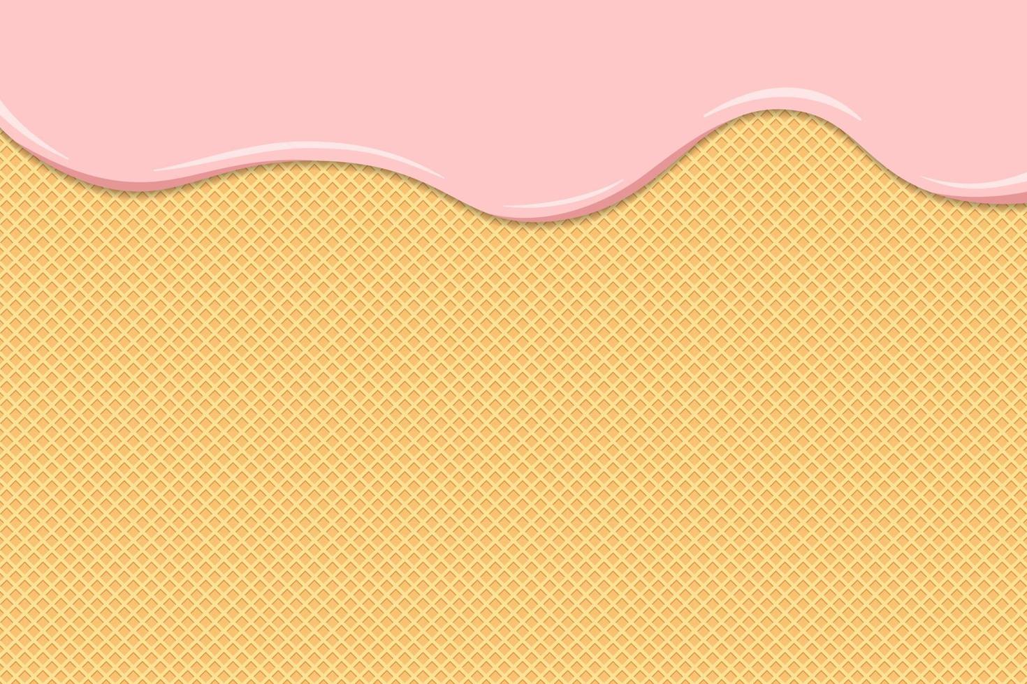 helado rosa o yogur derretido en waffle. Gotas de líquido cremoso o lácteo fluyen sobre galletas tostadas y crujientes. textura de pastel dulce de oblea glaseada. plantilla de fondo de vector eps para banner con espacio para texto