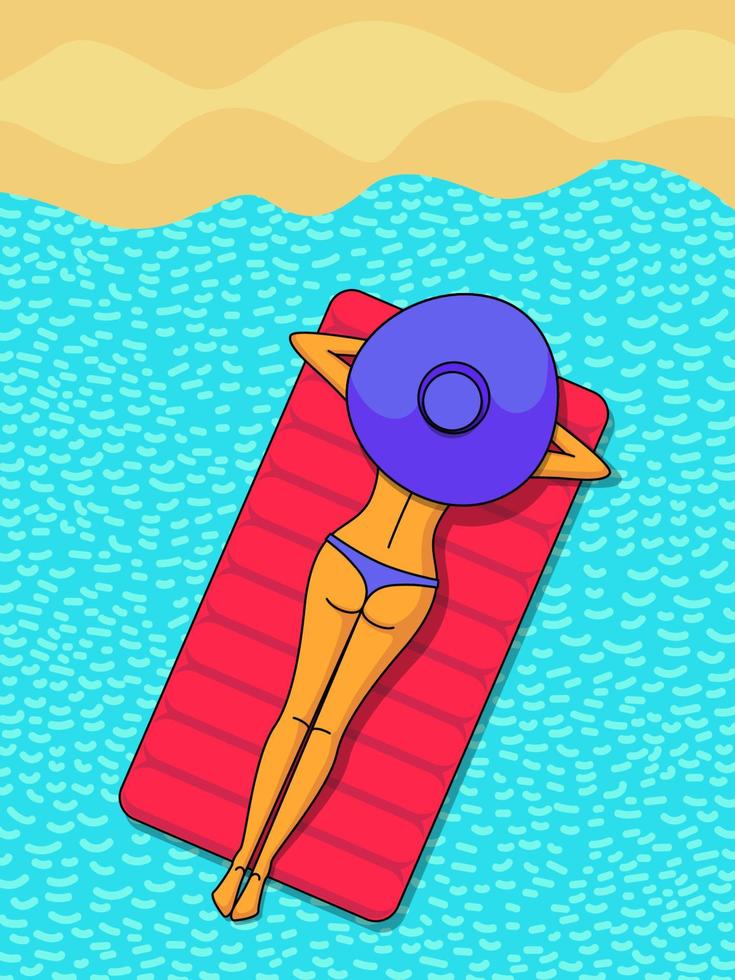 young girl in bikini and hat lies on mattress in sea near beach. summer poster. summertime vector