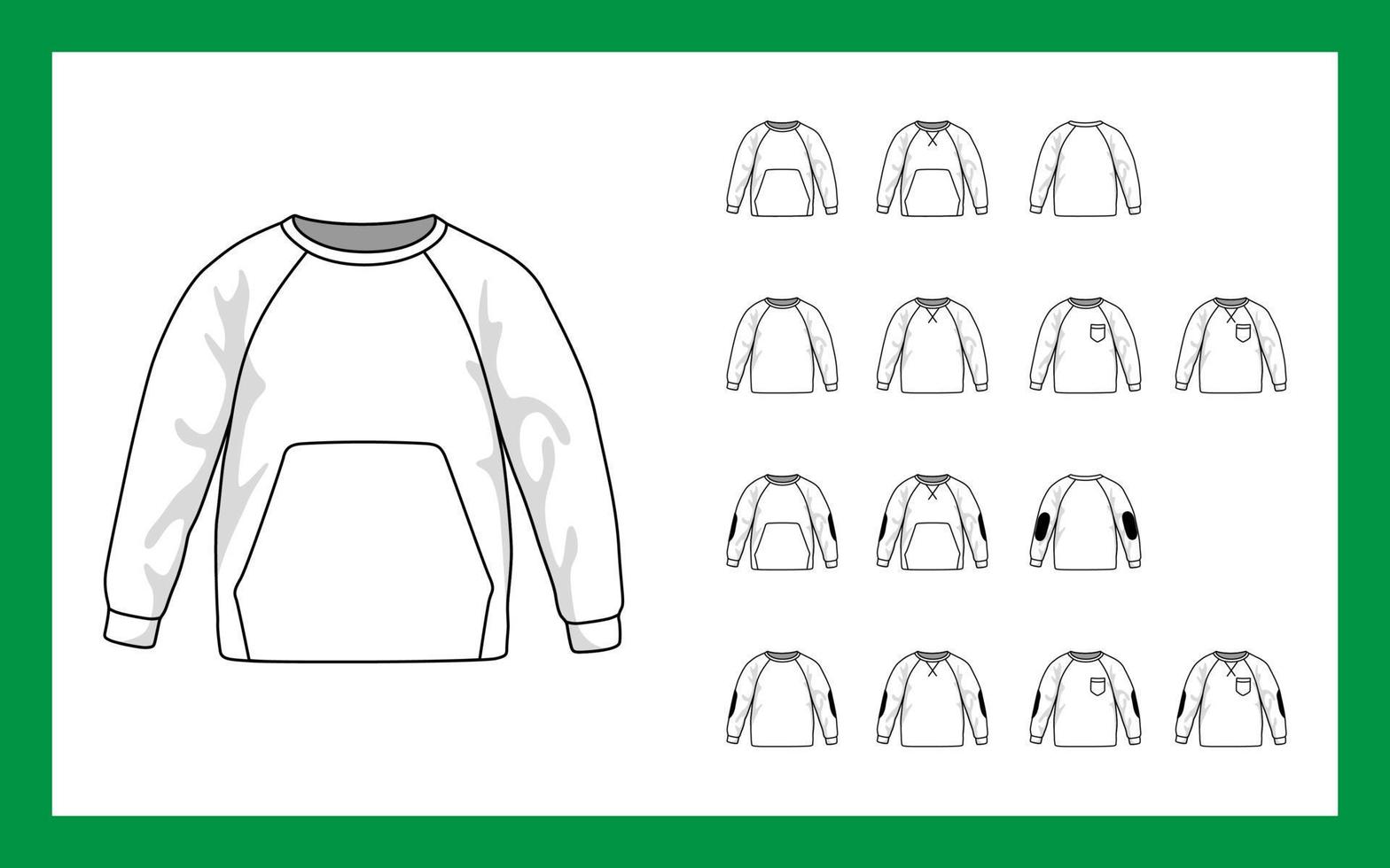 Vector template illustrations children sweatshirt with sleeves raglan cuffs pockets stripe on elbows