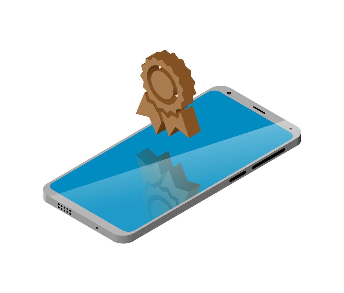 smartphone and medal winner at screen. white background. isometry vector