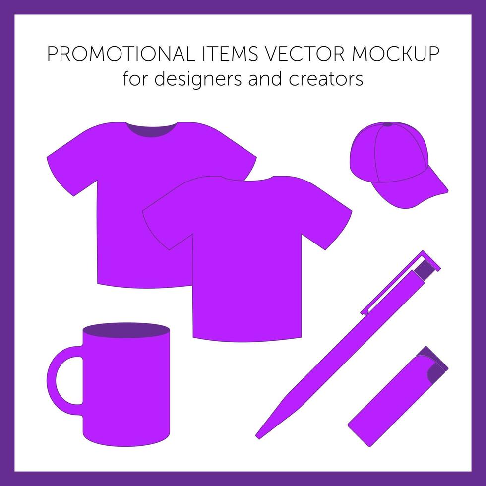 Blank design templates for presentation or logos. Purple vector t-shirt, cap, mug, pen, lighter