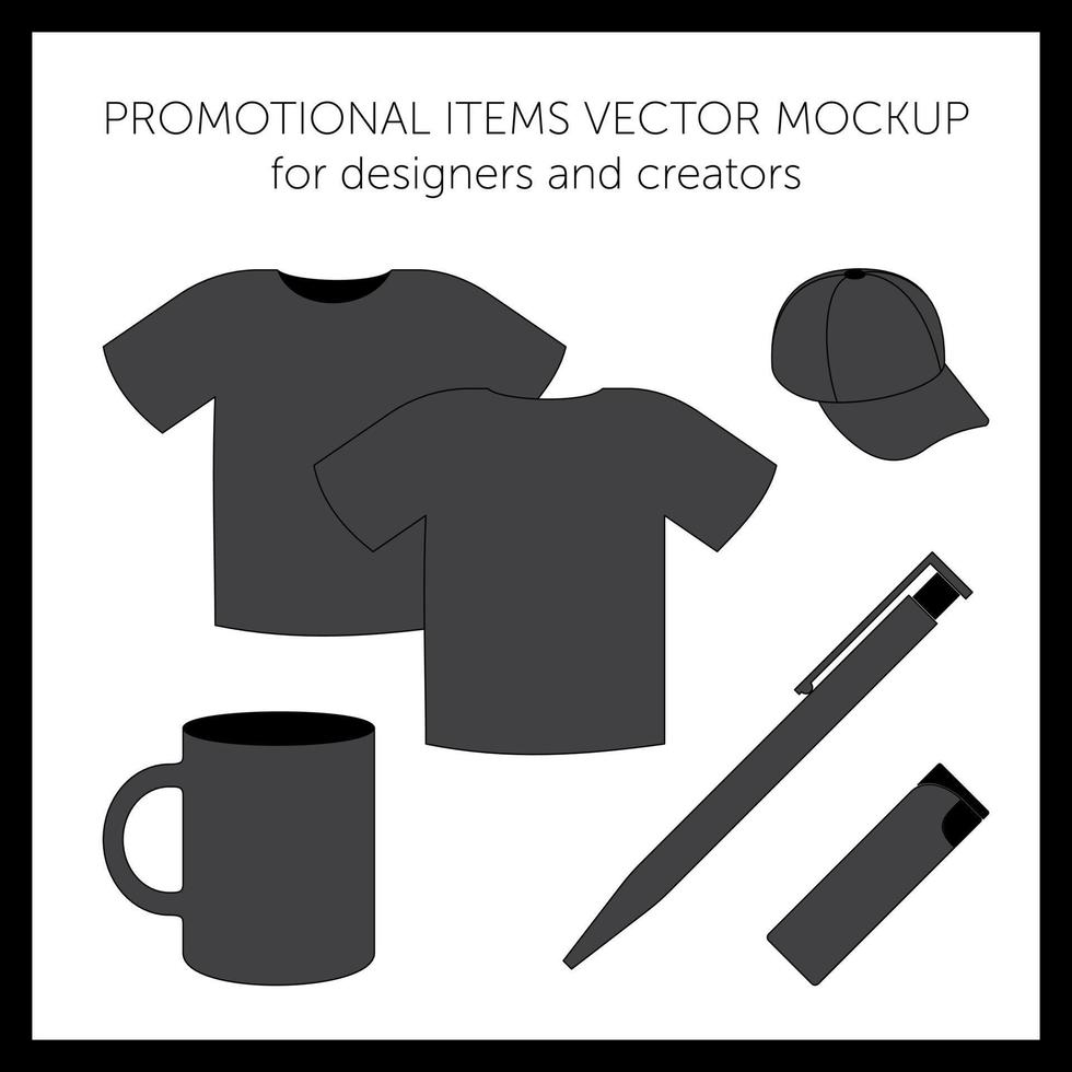 Blank design templates for presentation or logos. Black vector t-shirt, cap, mug, pen, lighter