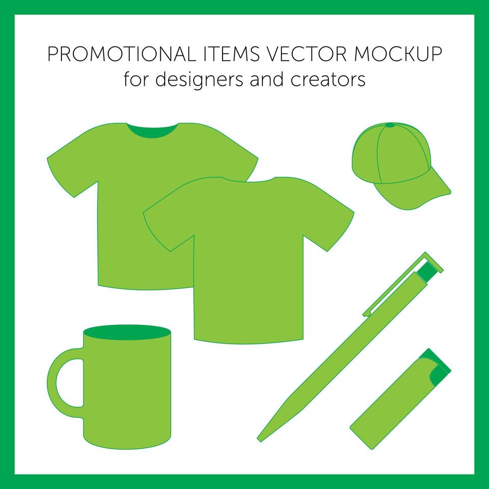 Blank design templates for presentation or logos. Green vector t-shirt, cap, mug, pen, lighter