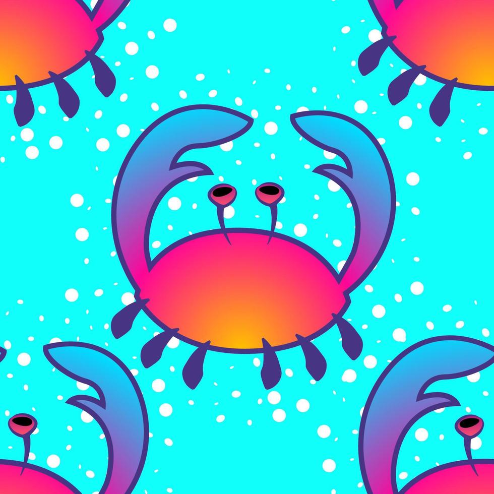 Seamless pattern with sea crabs, in bright colors, for printing on fabrics for children. Red crab, on a bright green, blue background with splashes. Vector illustration.