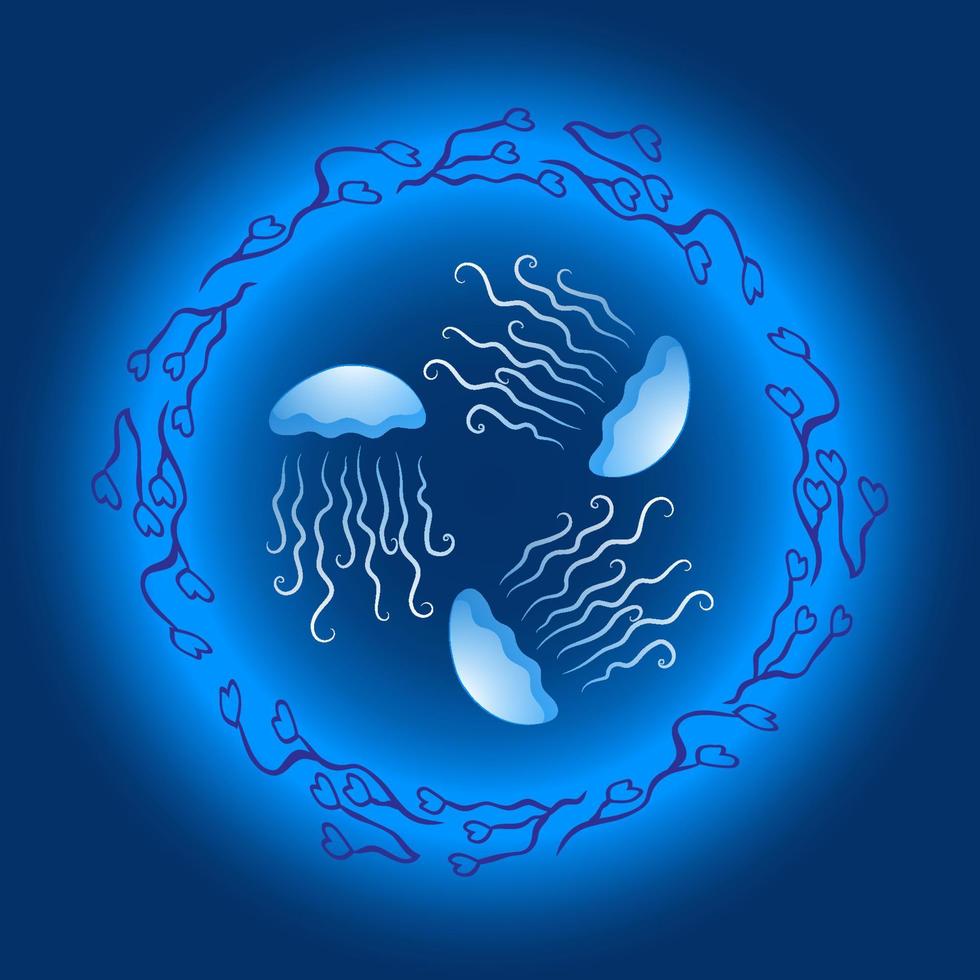 A banner with three jellyfish floating in a circle. Surrounded by algae. In a ray of light. Vector illustration.