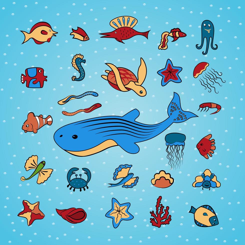 Clip art. Shells, fish, starfish, skates, octopus, jellyfish, crabs and other deep-sea animals of the sea and ocean. Beautiful marine aquarium. Isolated on a blue background. Vector illustration.