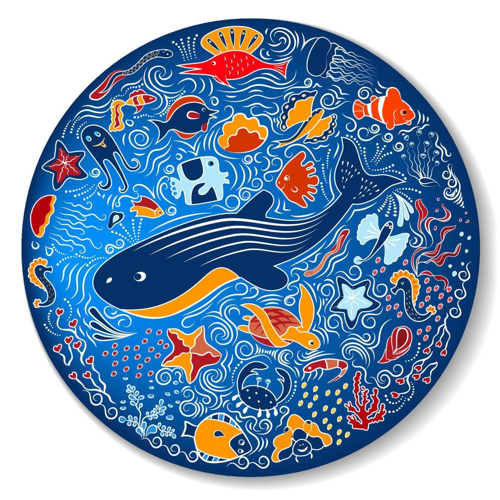 Bright blue circular pattern - plate. Shells, fish, deep-sea animals of the sea and ocean. Beautiful marine aquarium. Isolated on white background. Ornament. Vector illustration.