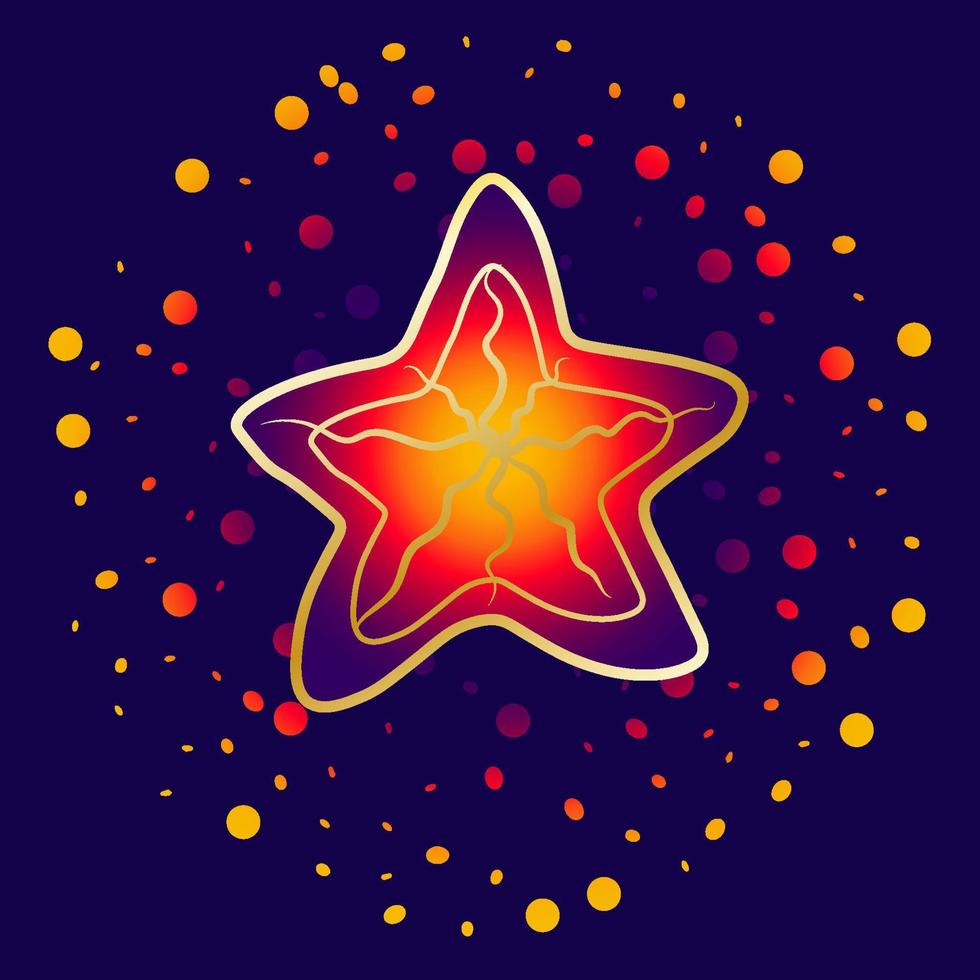 estrellas de mar, flores brillantes. ilustración de colores naranja, rojo y azul. con elementos y partículas brillantes sobre un fondo azul oscuro, con un trazo dorado. ilustración vectorial vector