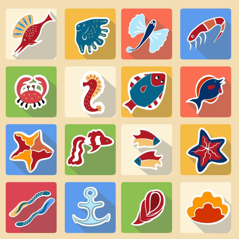 Set of colored icons, inhabitants of the underwater world. Fish, shrimp, sea horse, flounder, starfish, crab, anchor, flying fish, shells malyusks Bright colored vector illustration