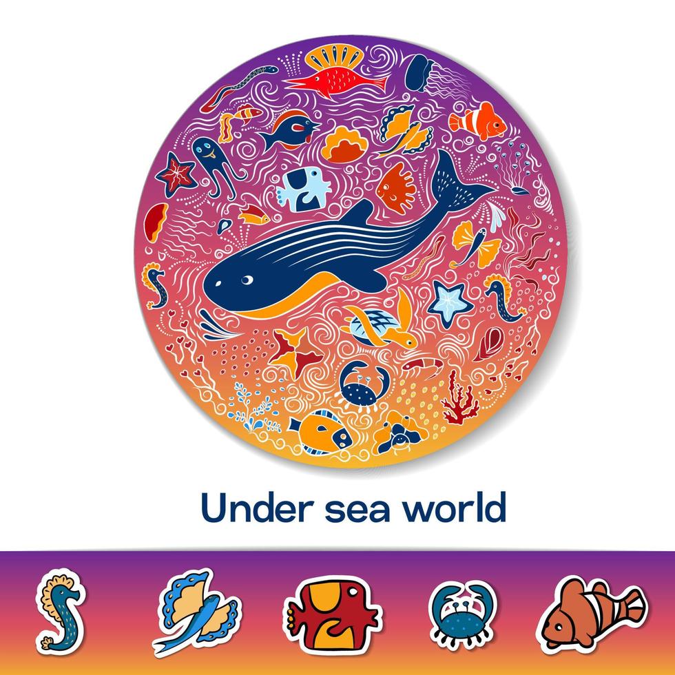 Bright circular pattern and clipart with place for text. Shells, fish, deep-sea animals of the sea and the ocean A beautiful marine aquarium. Vector illustration.