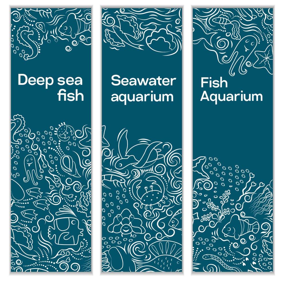 A set of vertical banners. With ornament on a marine theme. The shells, fish, deep-sea animals of the sea and the ocean A beautiful marine aquarium. Artistic lines. Vector illustration.