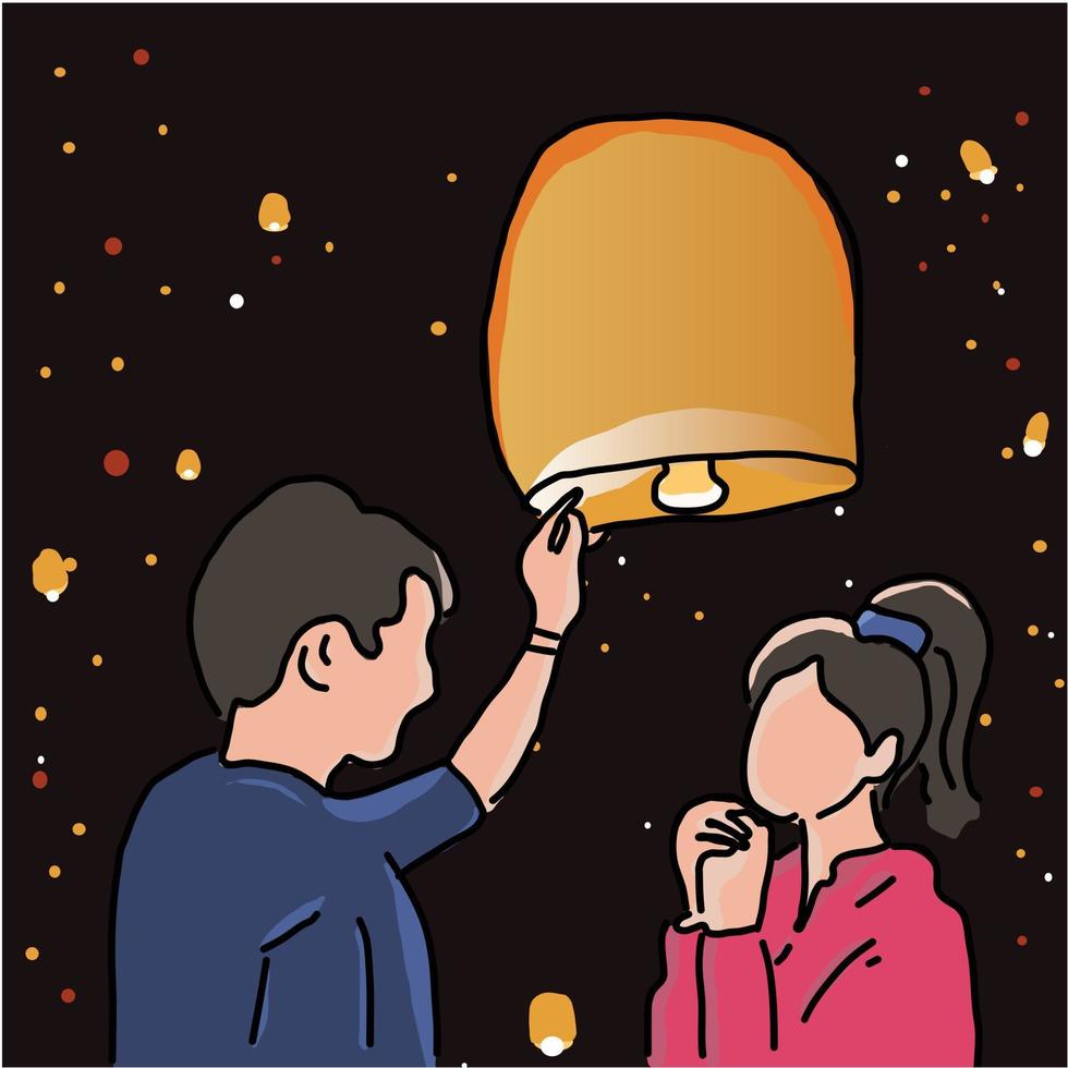 pareja sosteniendo una linterna del cielo con una vela encendida dentro y deseando estar siempre juntos al aire libre por la noche. ilustración vectorial. vector