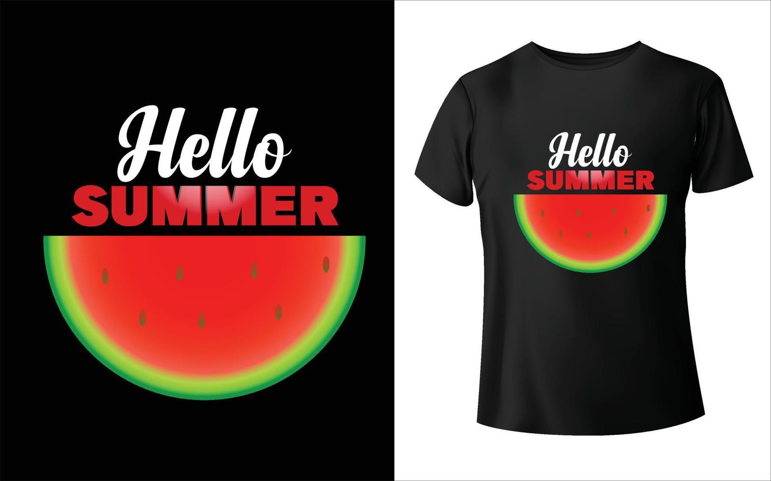 hola diseño de camisetas de verano, hola eslogan de verano en la ilustración de fondo de la puesta de sol de la palma de la playa vector