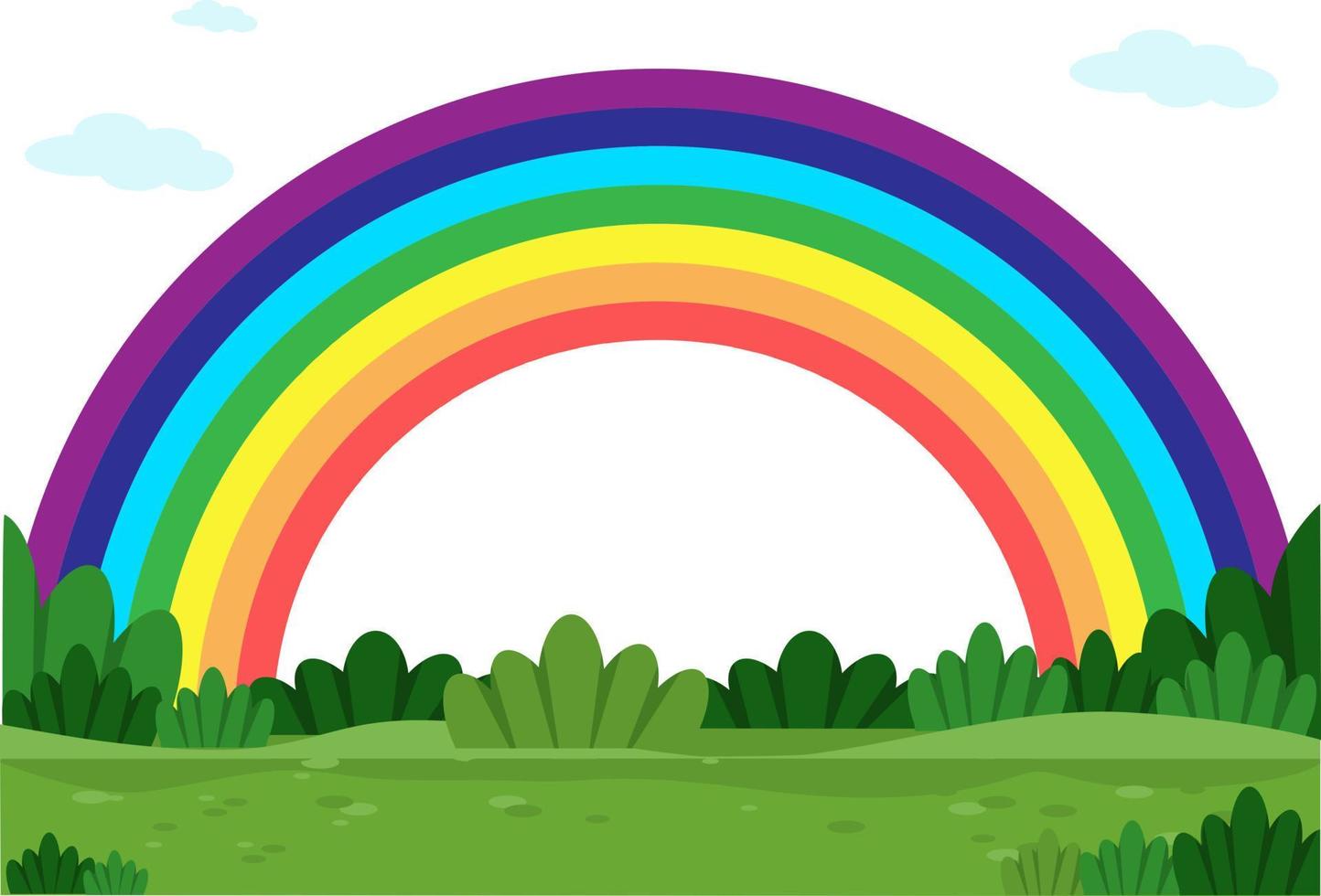 arco iris de colores en el suelo de hierba verde y arbustos. fondo con arco iris, hierba, cielo, nubes. ilustración vectorial en estilo plano. vector