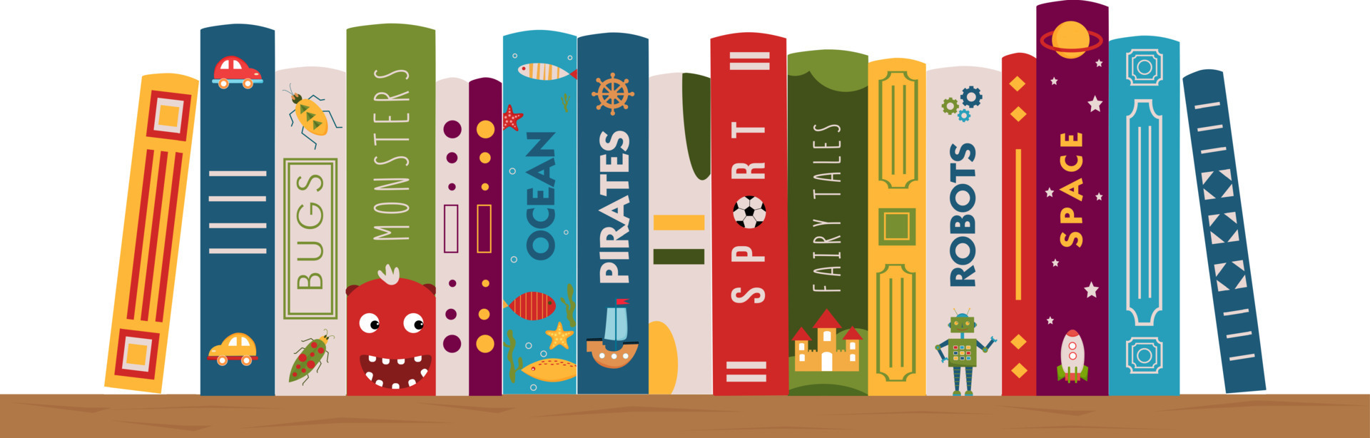 Bookshelf with children's books. Literature for boys. Children's