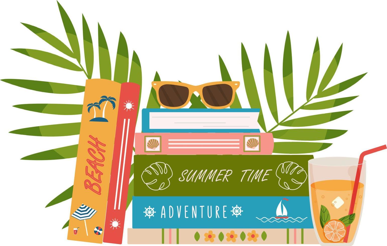 Stack of book with tropical leaves and coctail. Summer books. Summer reading. Books about summer time, adventure, relax.  Vector illustration in flat style for store, shops, libraries.