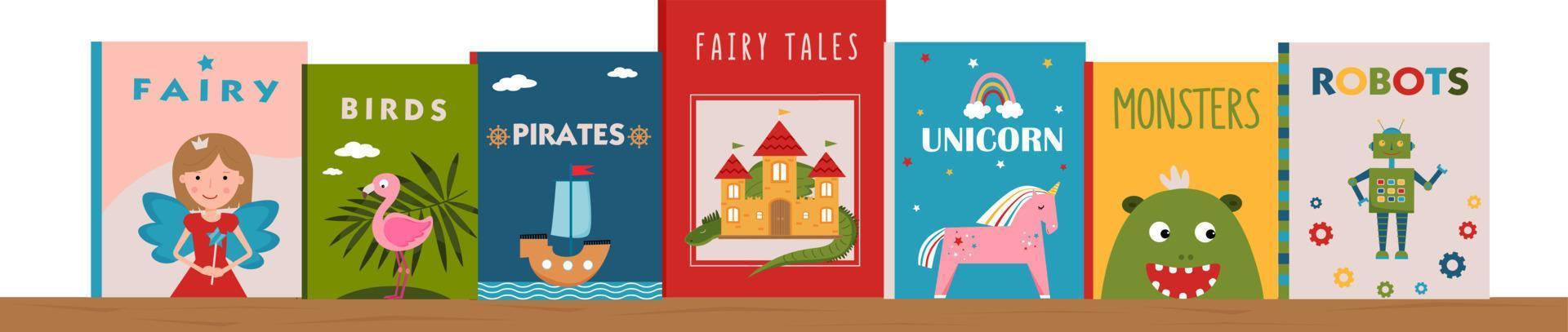 Bookshelf with children's books. Illustrated covers of books.  Literature for kids. Children's reading. Colorful books covers. Front view of books. Banner for library, bookstore, fair, festival. vector