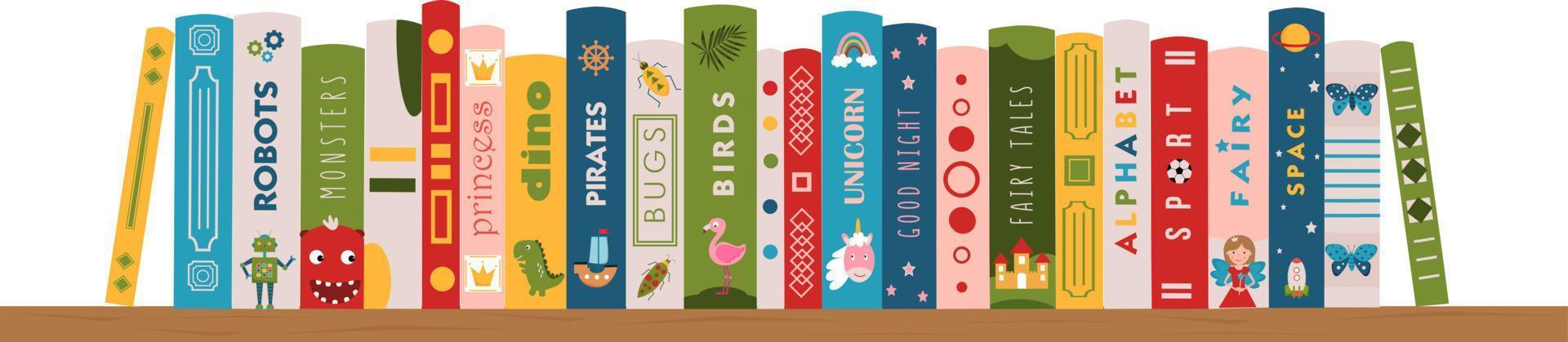 Bookshelf with children's books. Childrens books on shelf. Literature for kids. Books for boys and girls. Children's reading. Colorful books covers. Banner for library, bookstore, fair, festival. vector