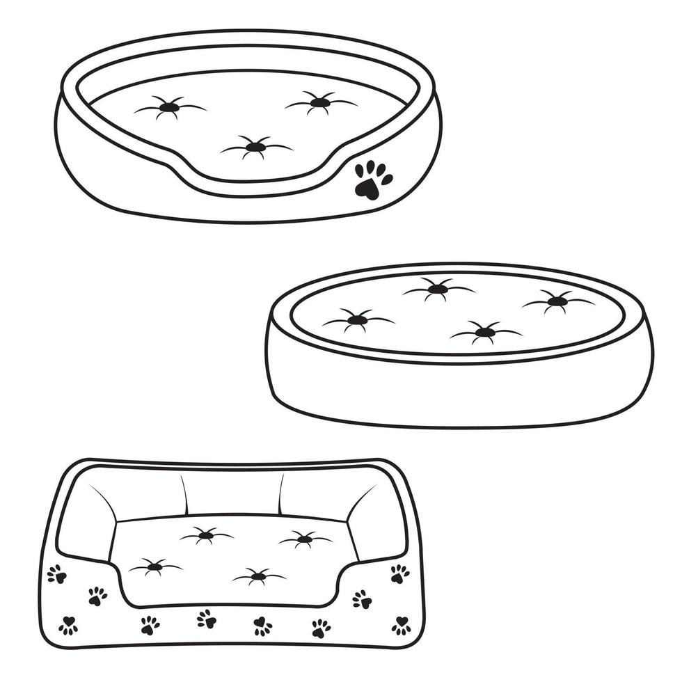 set of beds for dogs and cats, isolated vector illustration contour doodle