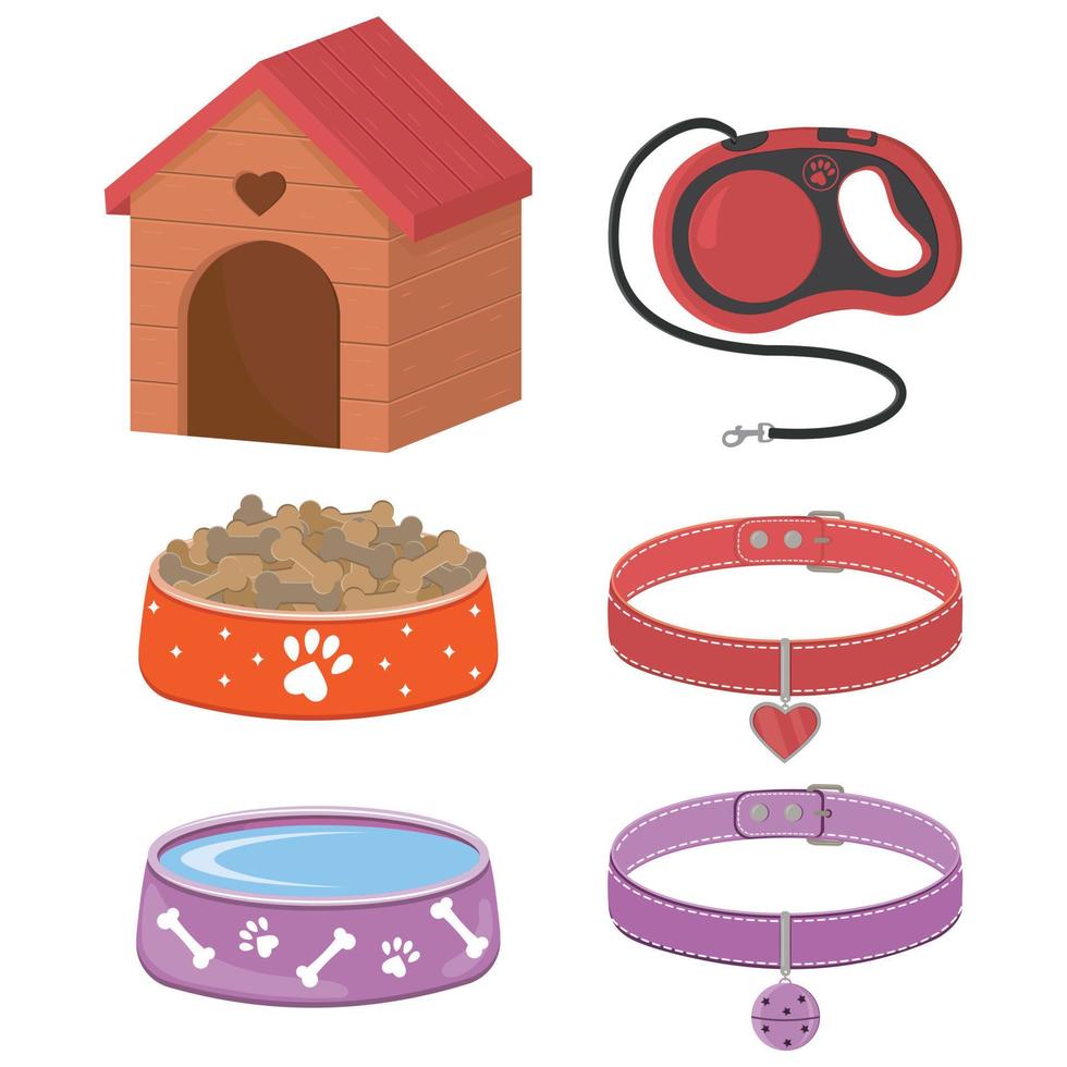 un conjunto de accesorios para perros y gatos, una caseta, cuencos con comida, correa y collares con medallón vector