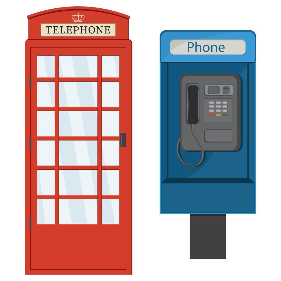 Red and blue telephone booth, color vector isolated cartoon-style illustration