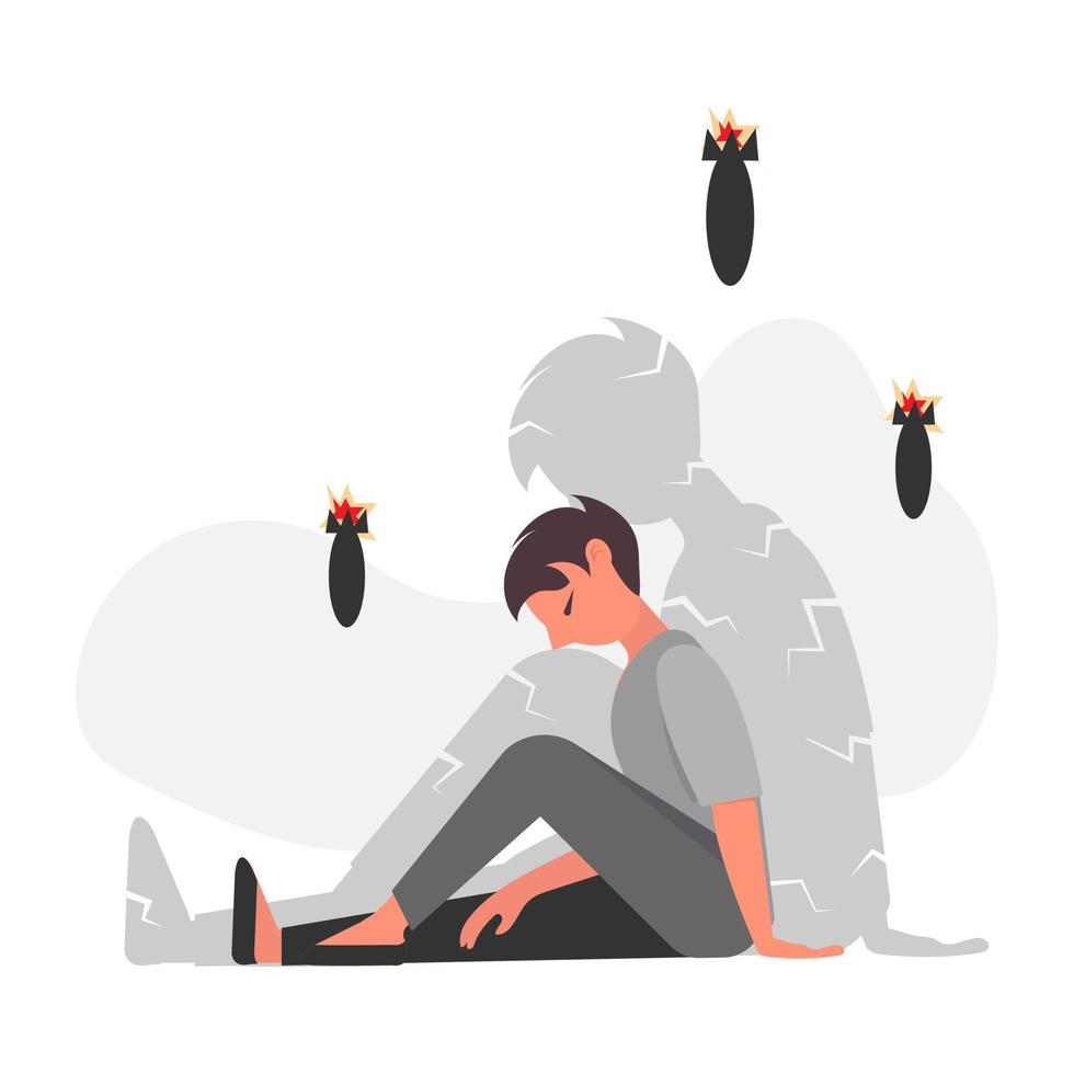 Sad man is sitting under bombs dropping. Flat vector cartoon illustration. Vector concept for aggression against civil people.