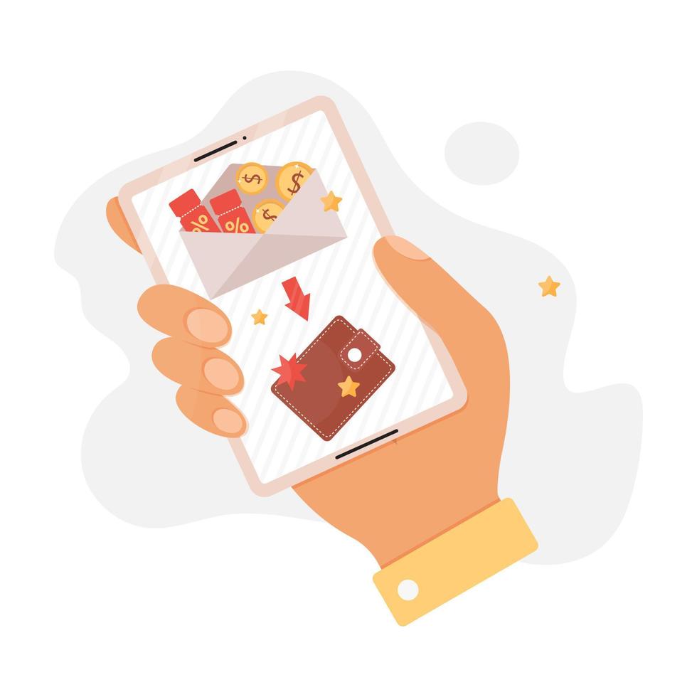 Customer loyalty program concept illustration. Hand is holding a smartphone with loyalty program application. Vector flat illustration.