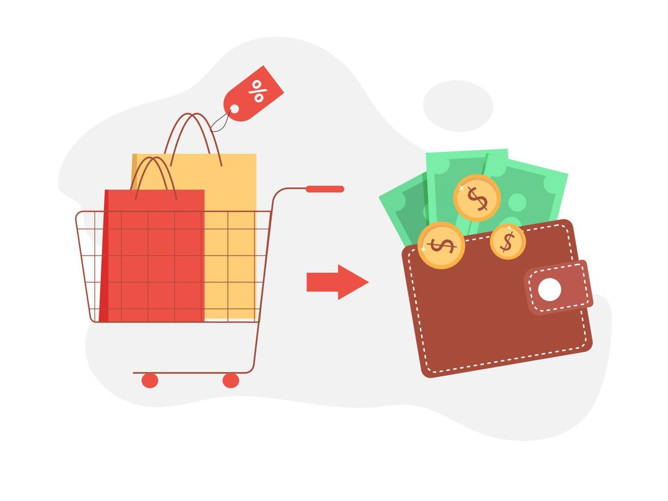 Customer loyalty program concept. Each purchase turns back money to the customer's wallet. Customer loyalty vector illustration in flat style.