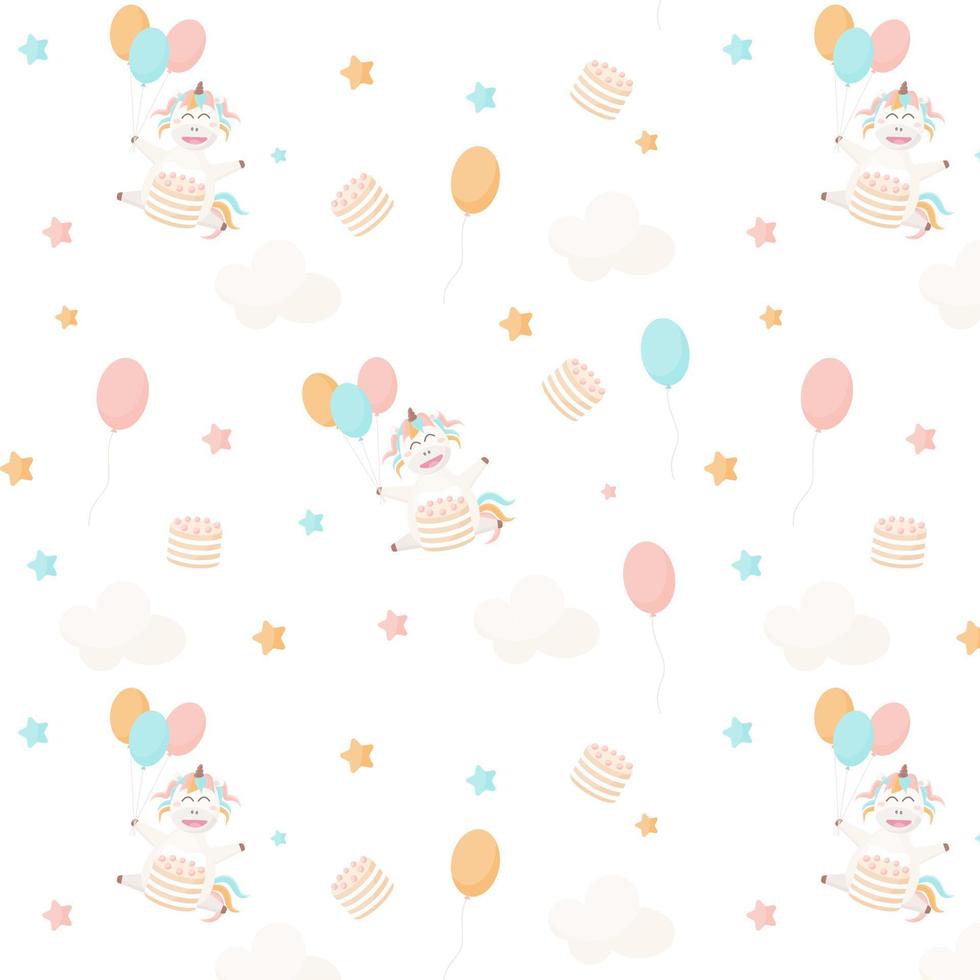 Happy birthday unicorn pattern. Unicorn vector flat cartoon bright illustration.